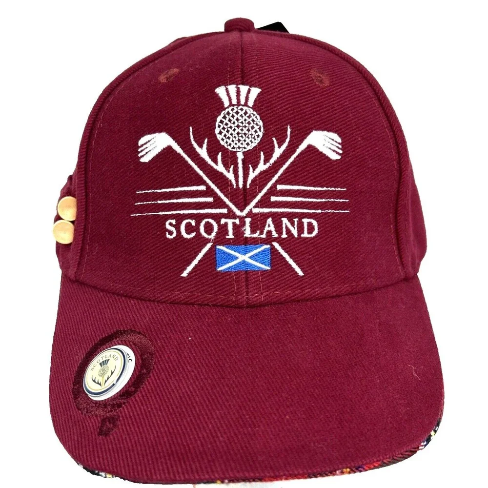 Heritage Scotland Golf Hat  One Size Burgandy Tartan Trim Mag Marker Tees New - Picture 2 of 11
